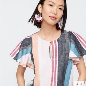 J CREW Linen Striped Flutter Sleeve Top